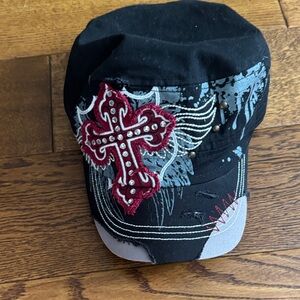 Black Cap with Red Cross Embroidery